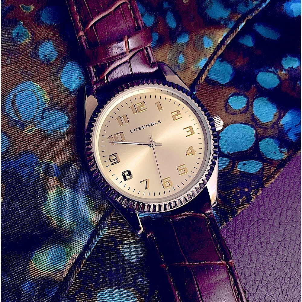 New»Stylish-Clean Men’s Sliver+Gold Classic Brown Leather Watch Band By Ensemble